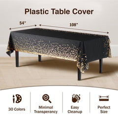 Black & Gold Celebrate Printed Plastic Table Covers | 12 Count - 54 In. x 108 In.