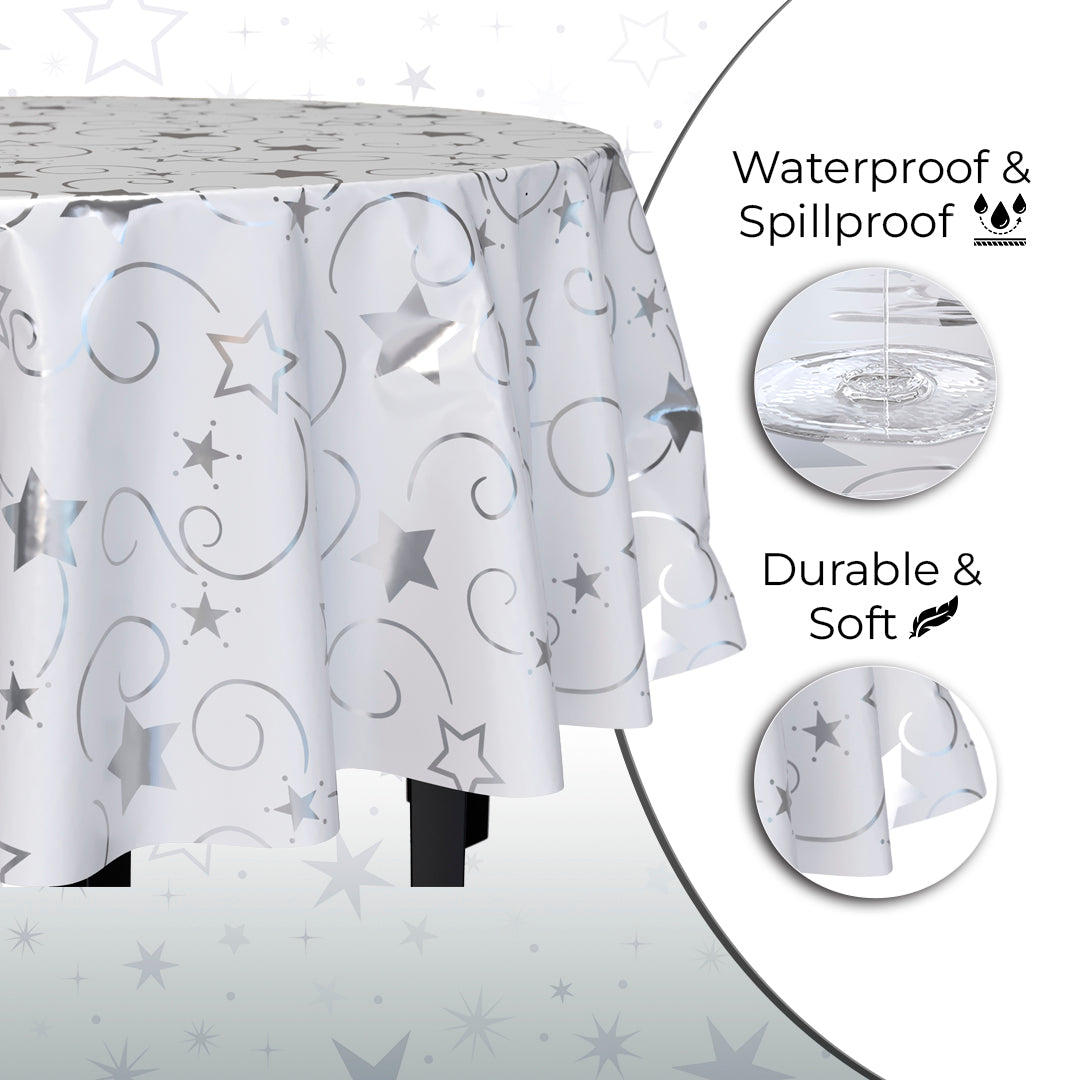 Round Silver Star Printed Plastic Table Covers | 12 Pack | 84 in.