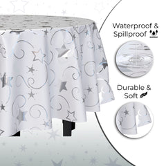 Round Silver Star Printed Plastic Table Covers | 12 Pack | 84 in.