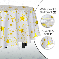 84 in. Round Gold Star Printed Plastic Table Cover | Case of 48