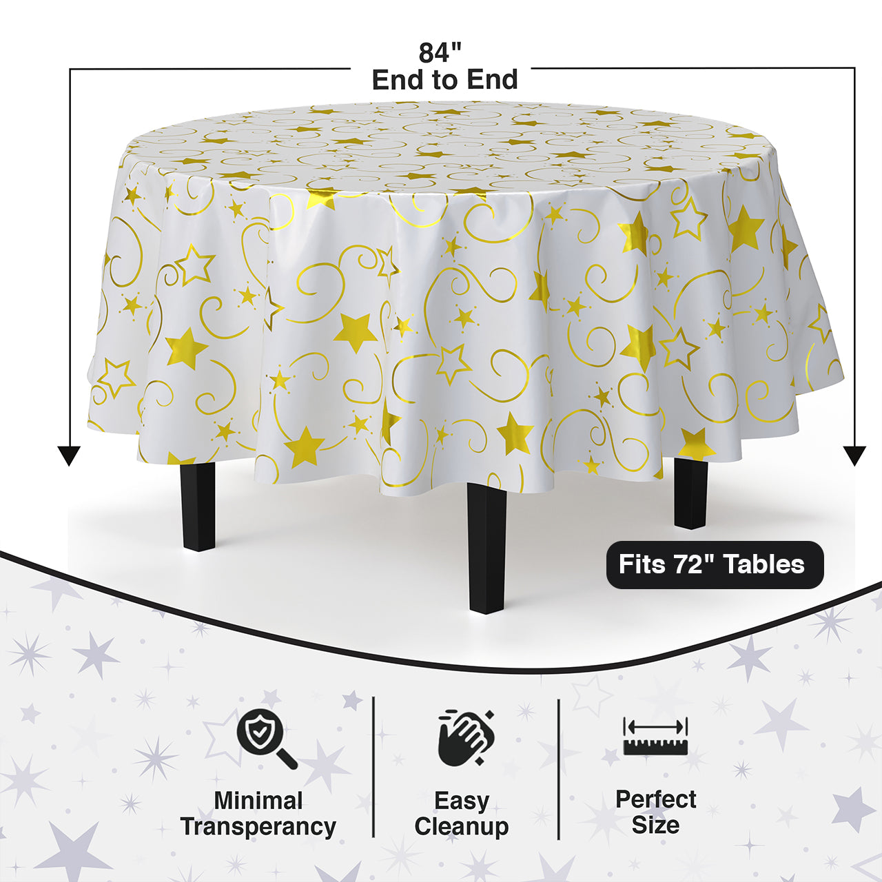 84 in. Round Gold Star Printed Plastic Table Cover | Case of 48
