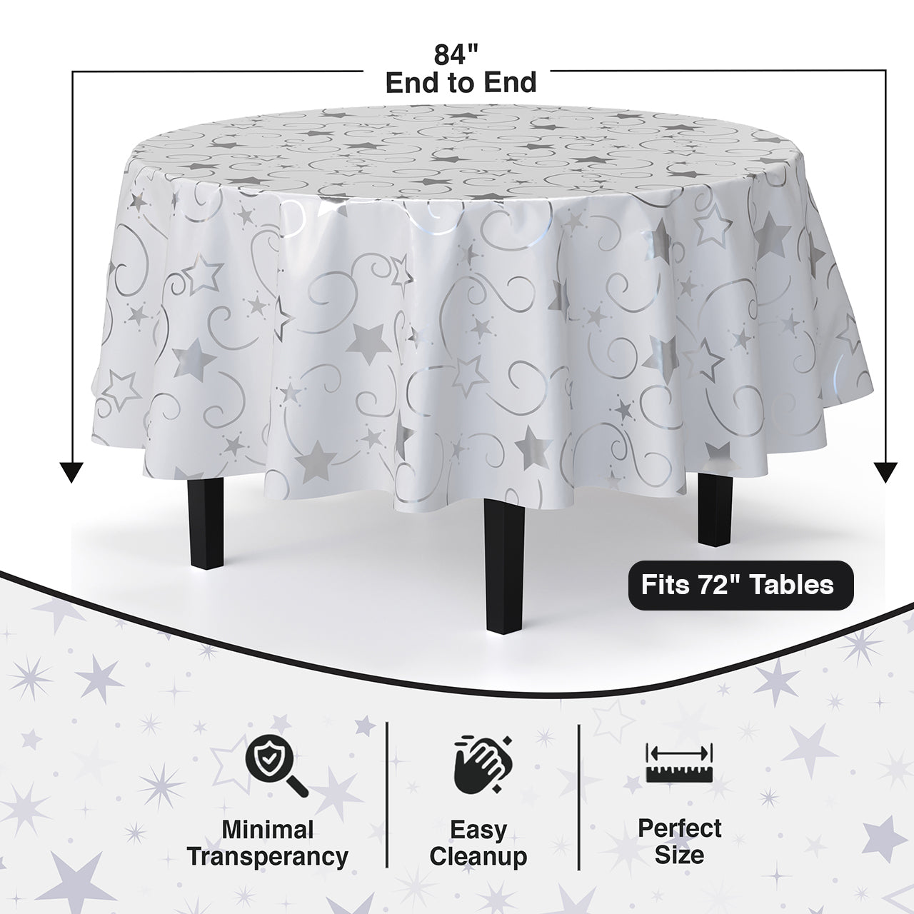 84 in. Round Silver Star Printed Plastic Table Cover | Case of 48