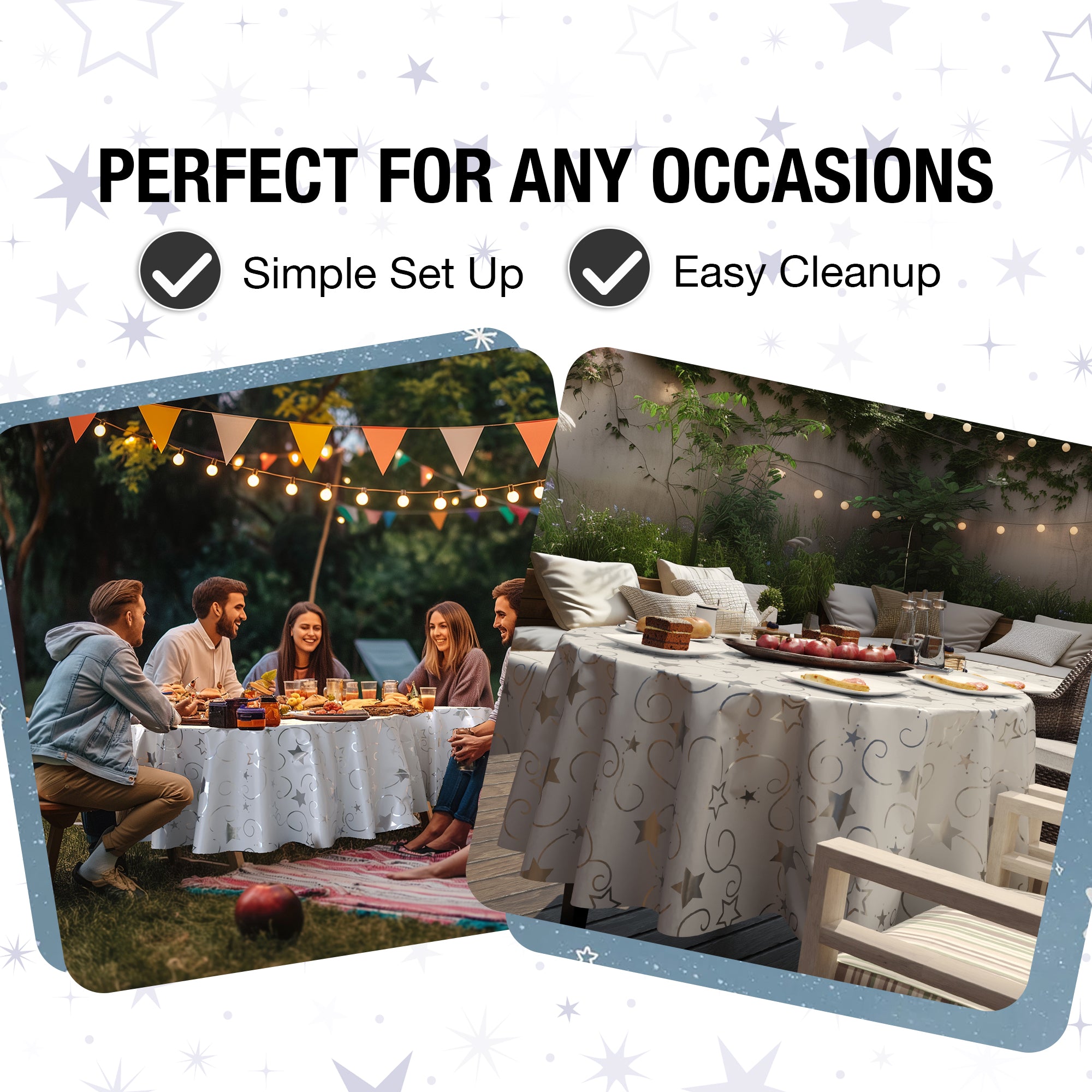 84 in. Round Silver Star Printed Plastic Table Cover | Case of 48