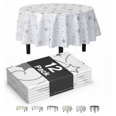 Round Silver Star Printed Plastic Table Covers | 12 Pack | 84 in.