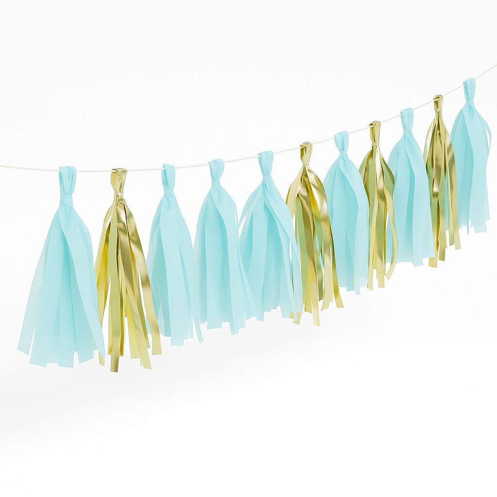 Elegant Baby Shower Tassel Garland with Gold and Blue Accents