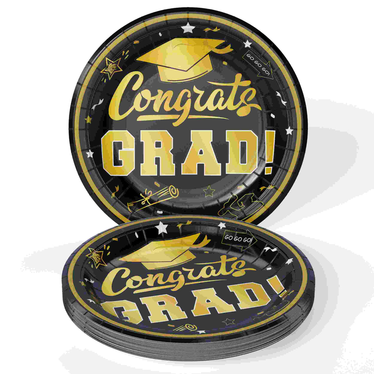 9 In. Black/Gold Graduation Plates | 24 Count