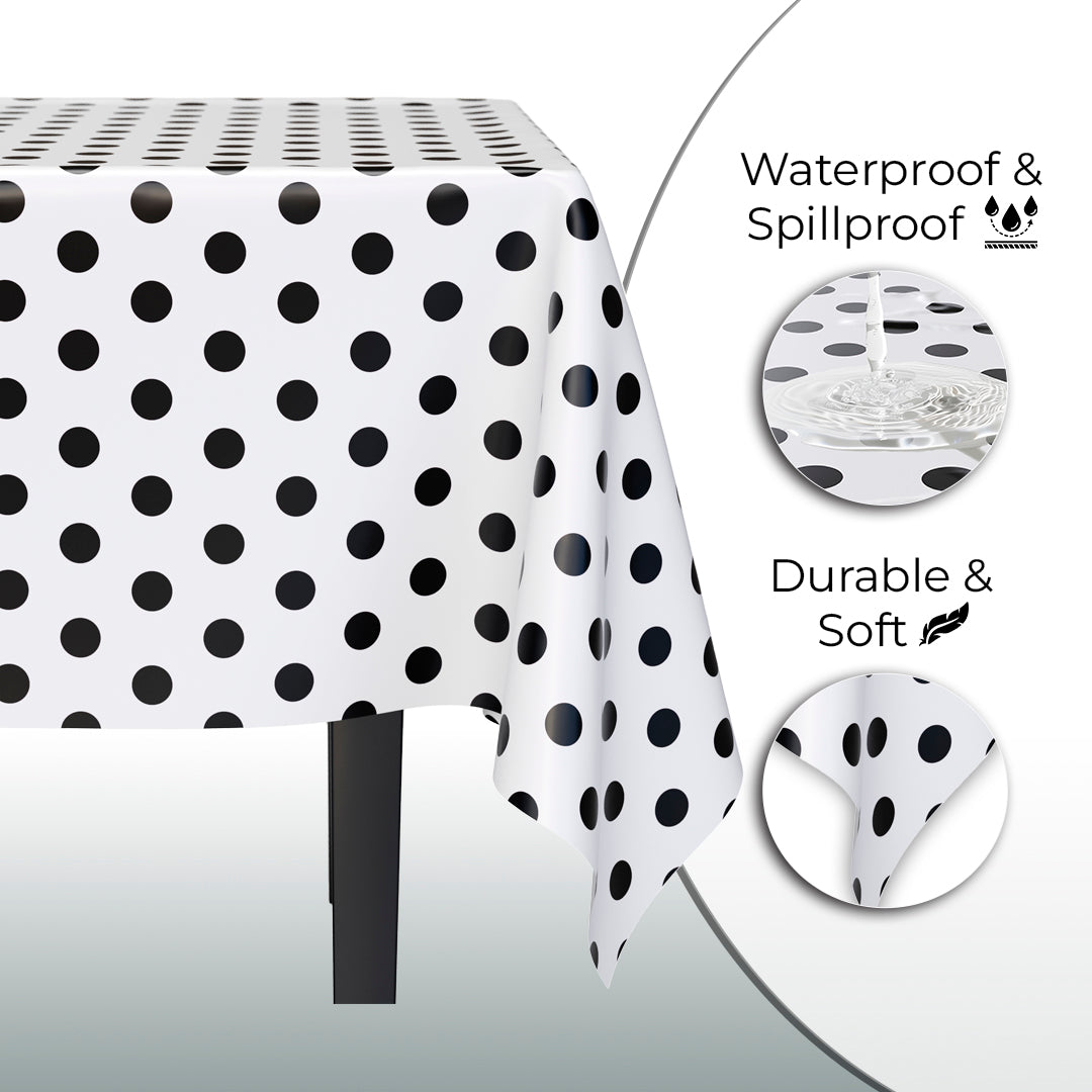 Black Polka Dot Plastic Table Covers | 12 Pack | 54 in. x 108 in.
