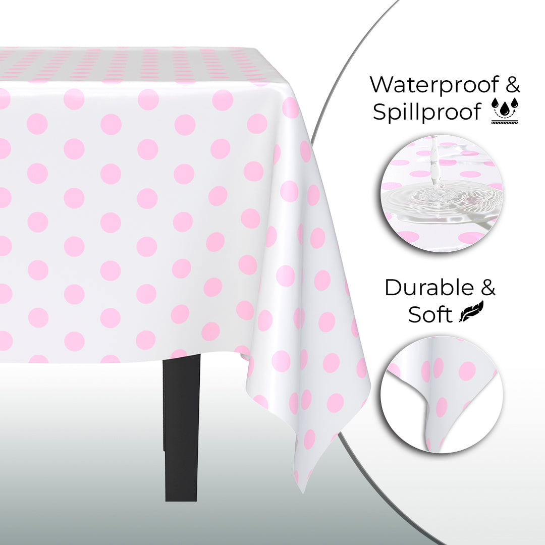 Pink Polka Dot Plastic Table Cover | Case of 48 | 54 in. x 108 in.