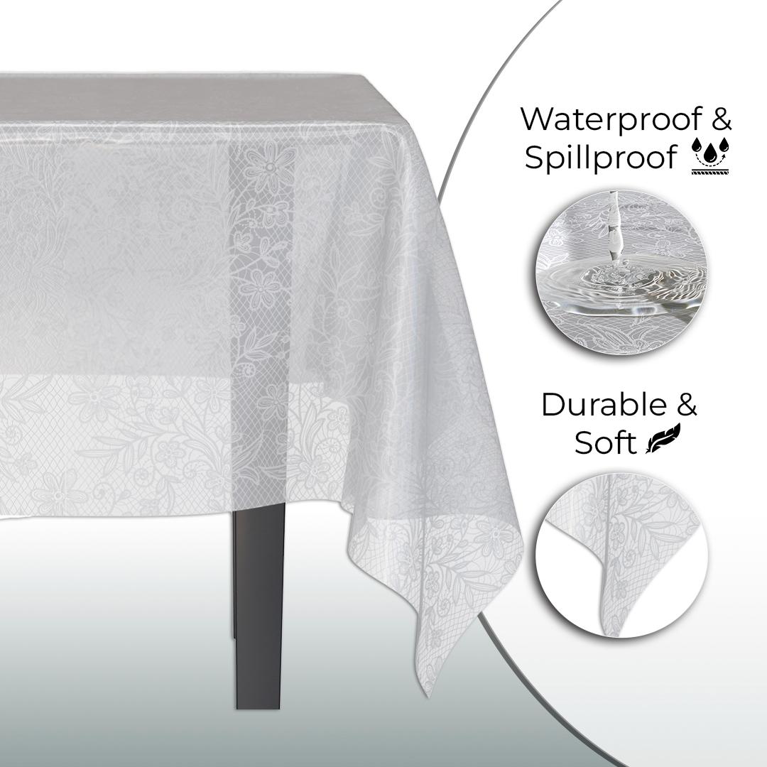 White Floral Plastic Table Cover - 54 In. x 108 In.