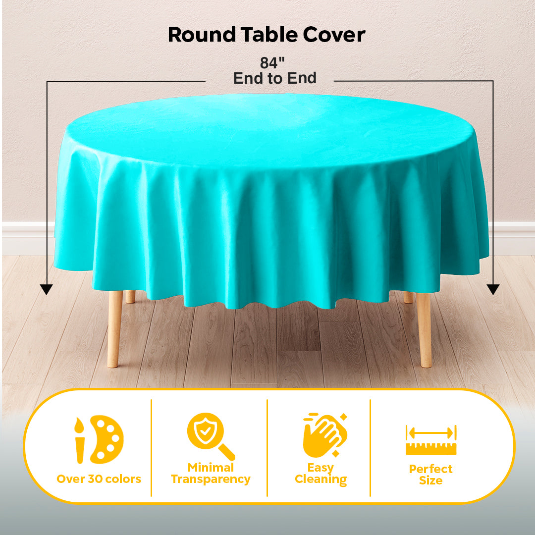 Round Aqua Blue Plastic Table Covers | 6 Pack | 84 in.