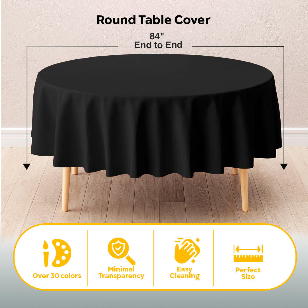Black Round Plastic Table Covers | 12 Pack | 84 in.
