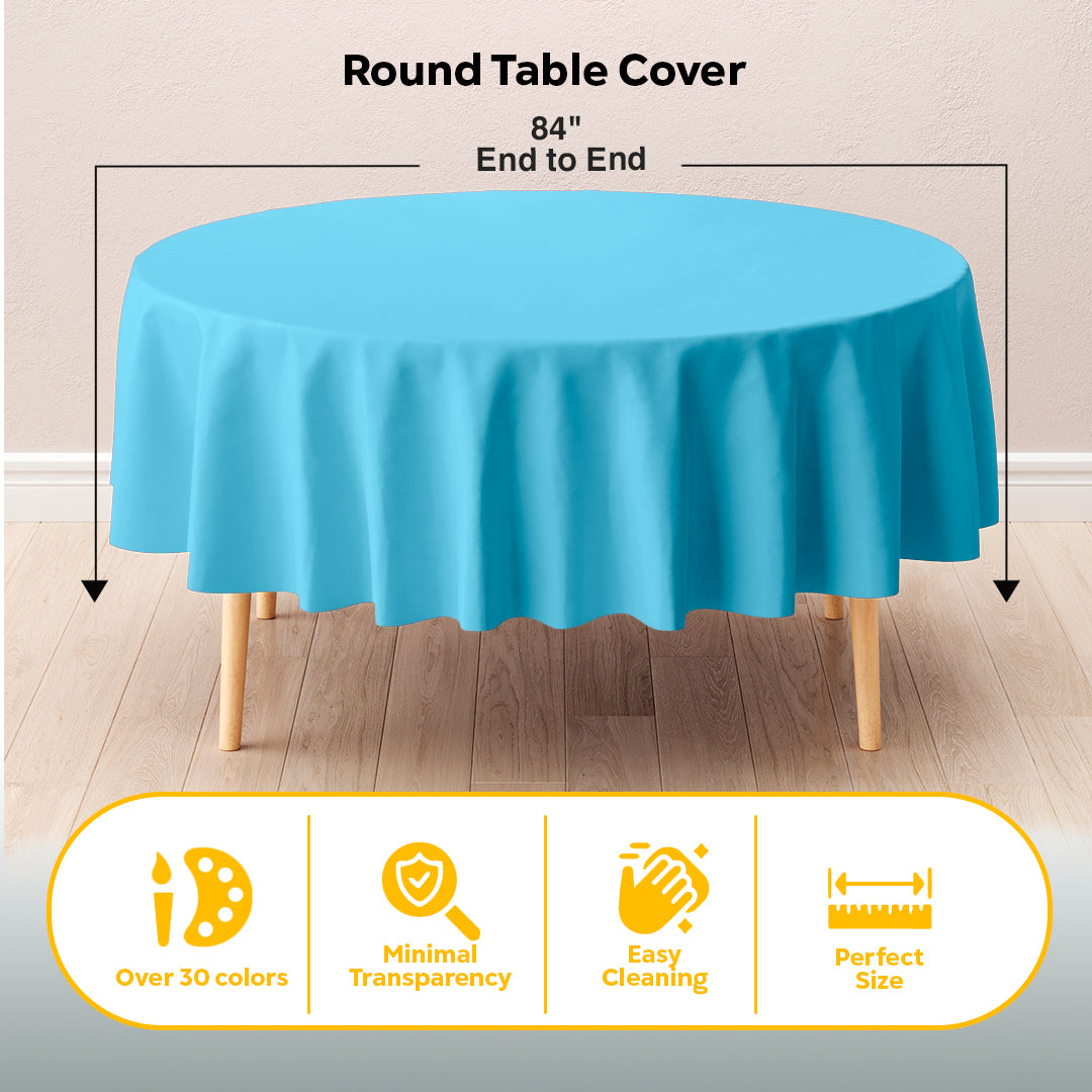 Round Sky Blue Plastic Table Cover | 84 in. | Case of 48