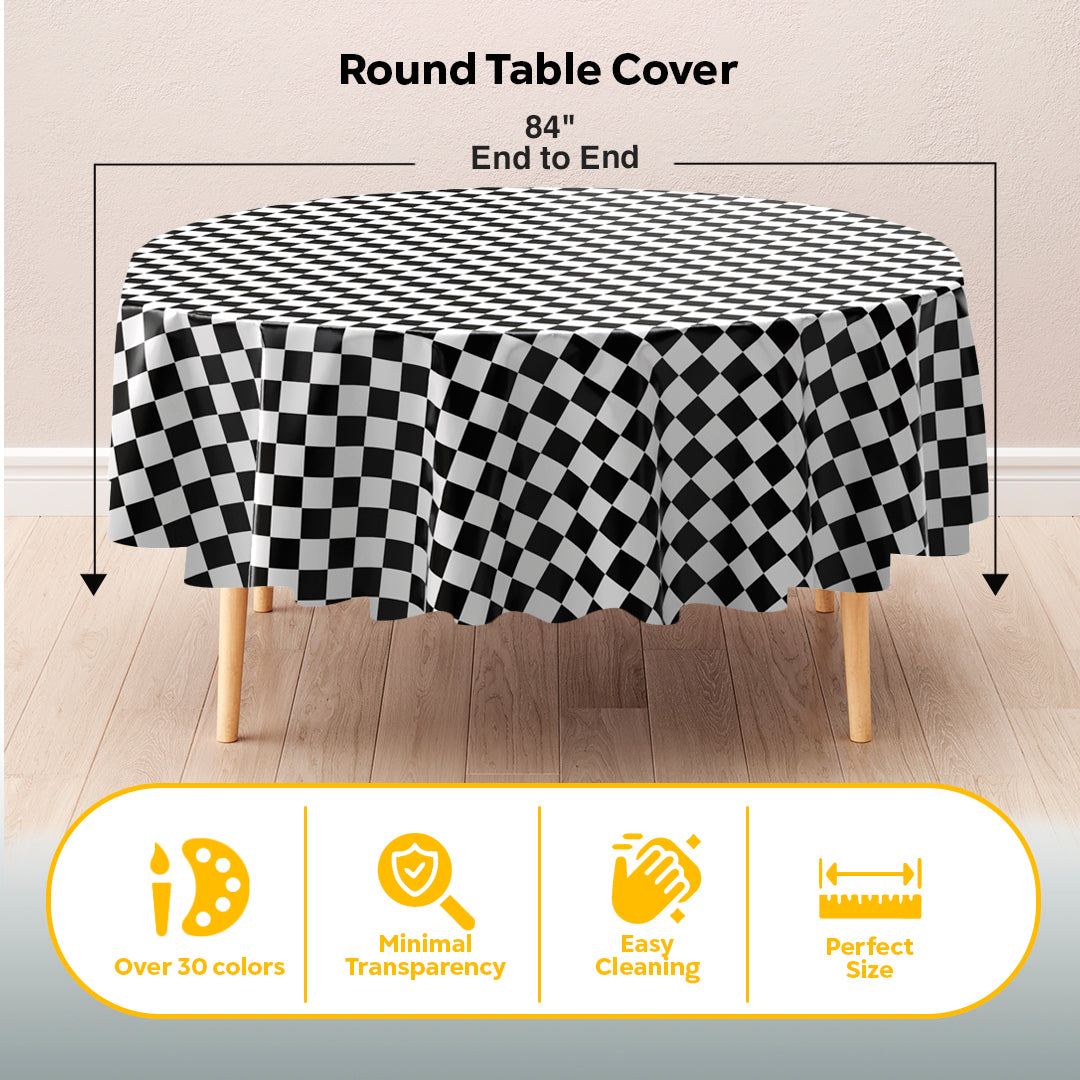 Round Black/White Checkered Plastic Table Covers | 6 Pack | 84 in.