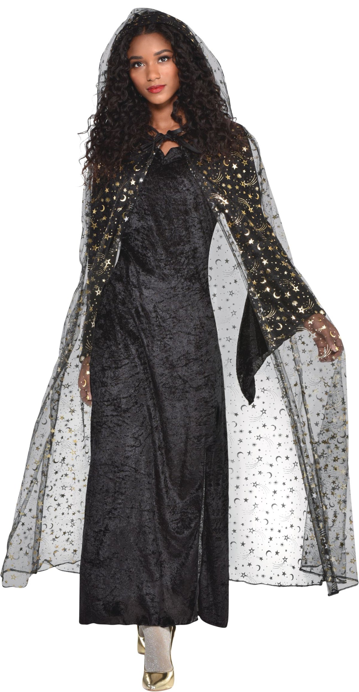 Celestial Hooded Cape - Sheer Black with Gold Stars & Moons - One Size