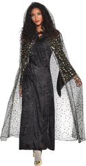 Celestial Hooded Cape - Sheer Black with Gold Stars & Moons - One Size