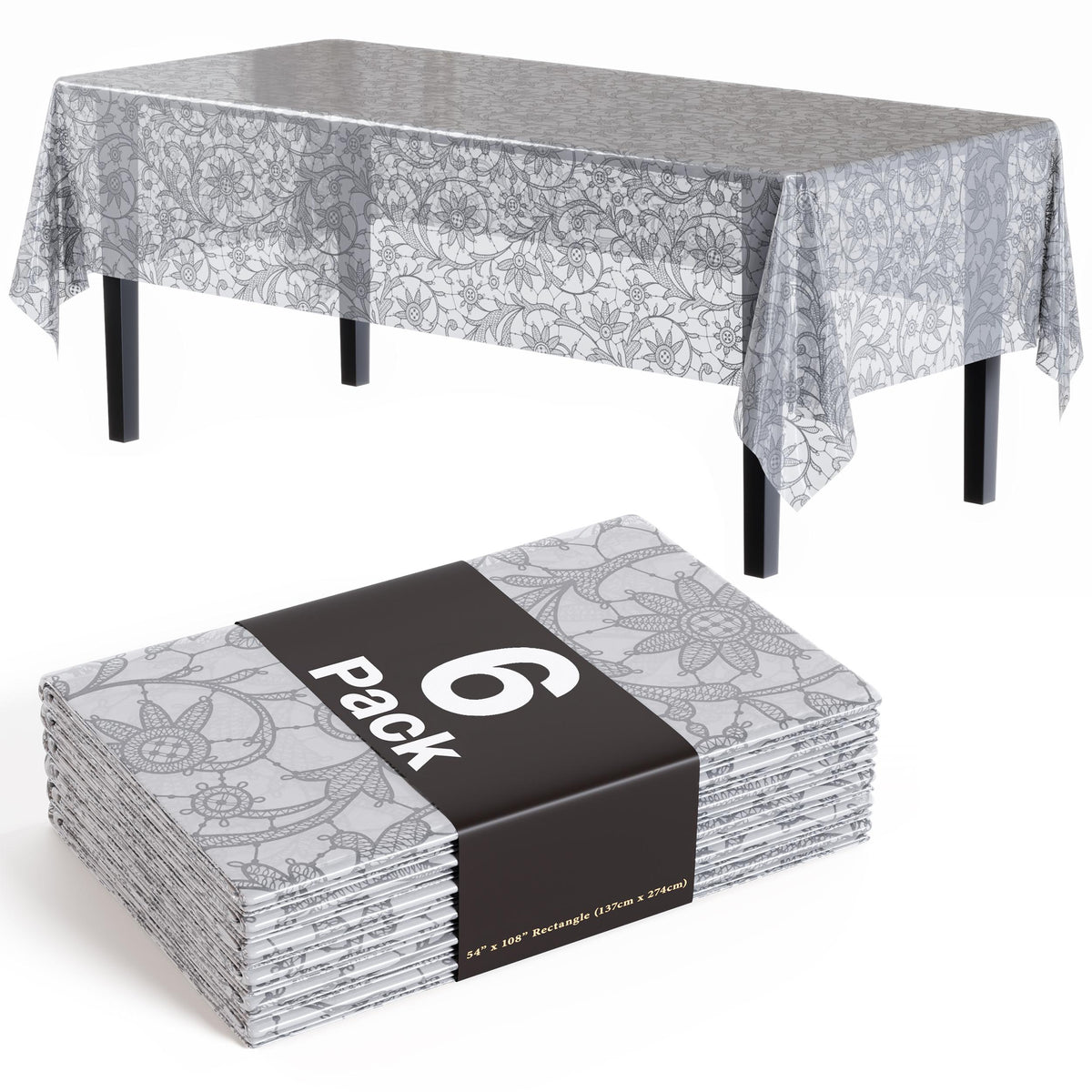 Silver Lace Plastic Table Covers | 6 Pack - 54 In. x 108 In.