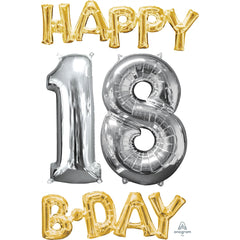 Metallic Gold & Silver "Happy 18 B-Day" Foil Balloon Set