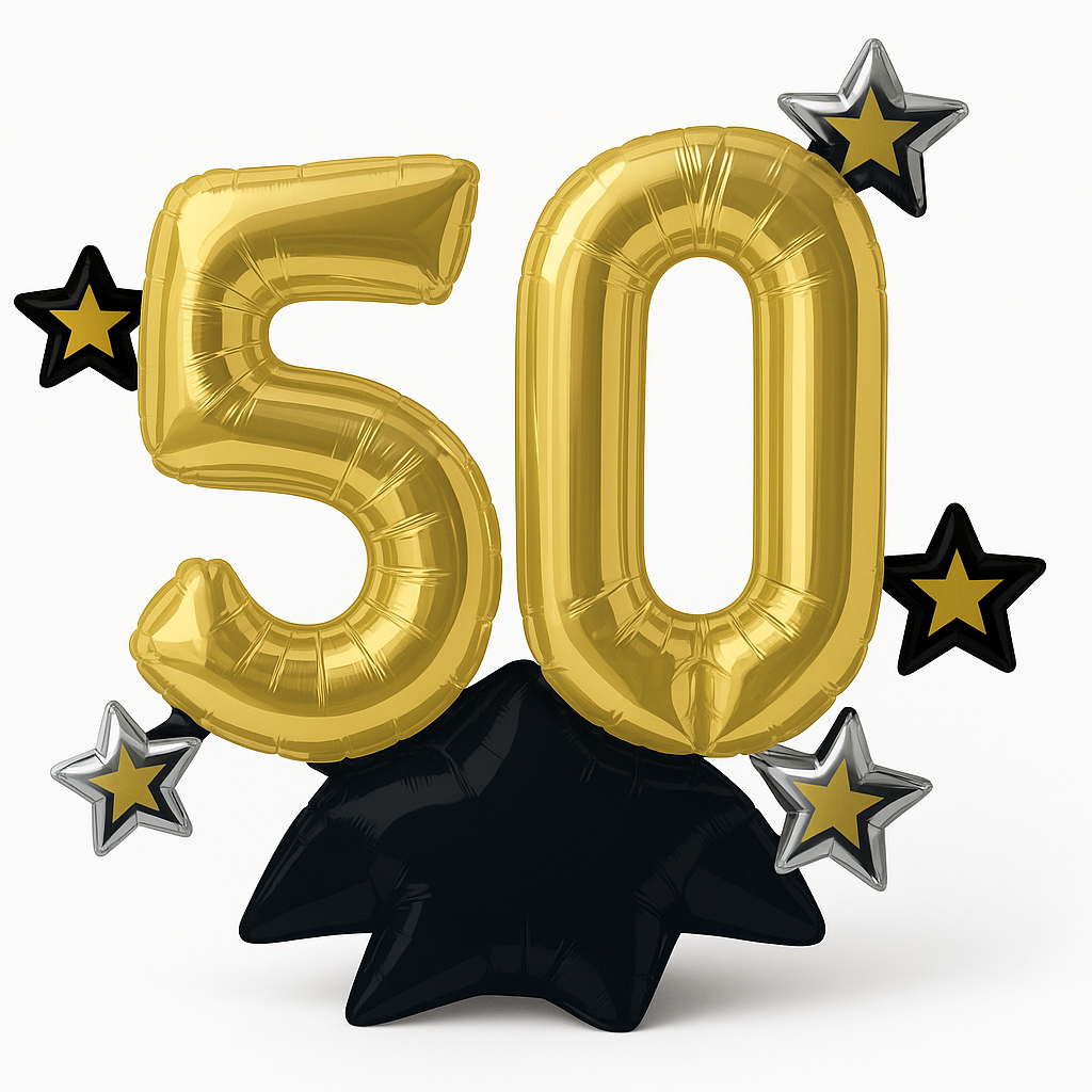 Golden 50th Birthday Foil Balloon Sitter with Stars