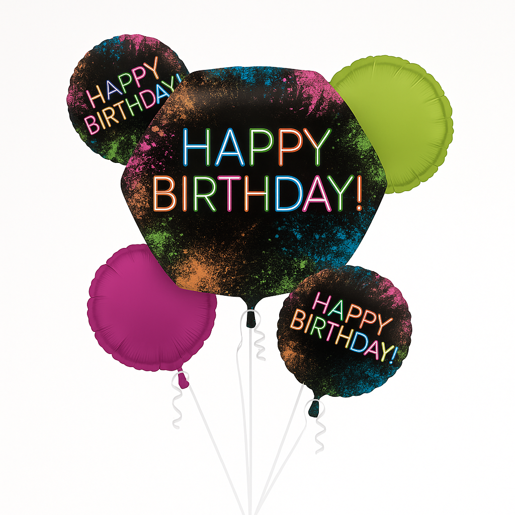 Neon Glow Happy Birthday Foil Balloon Bouquet