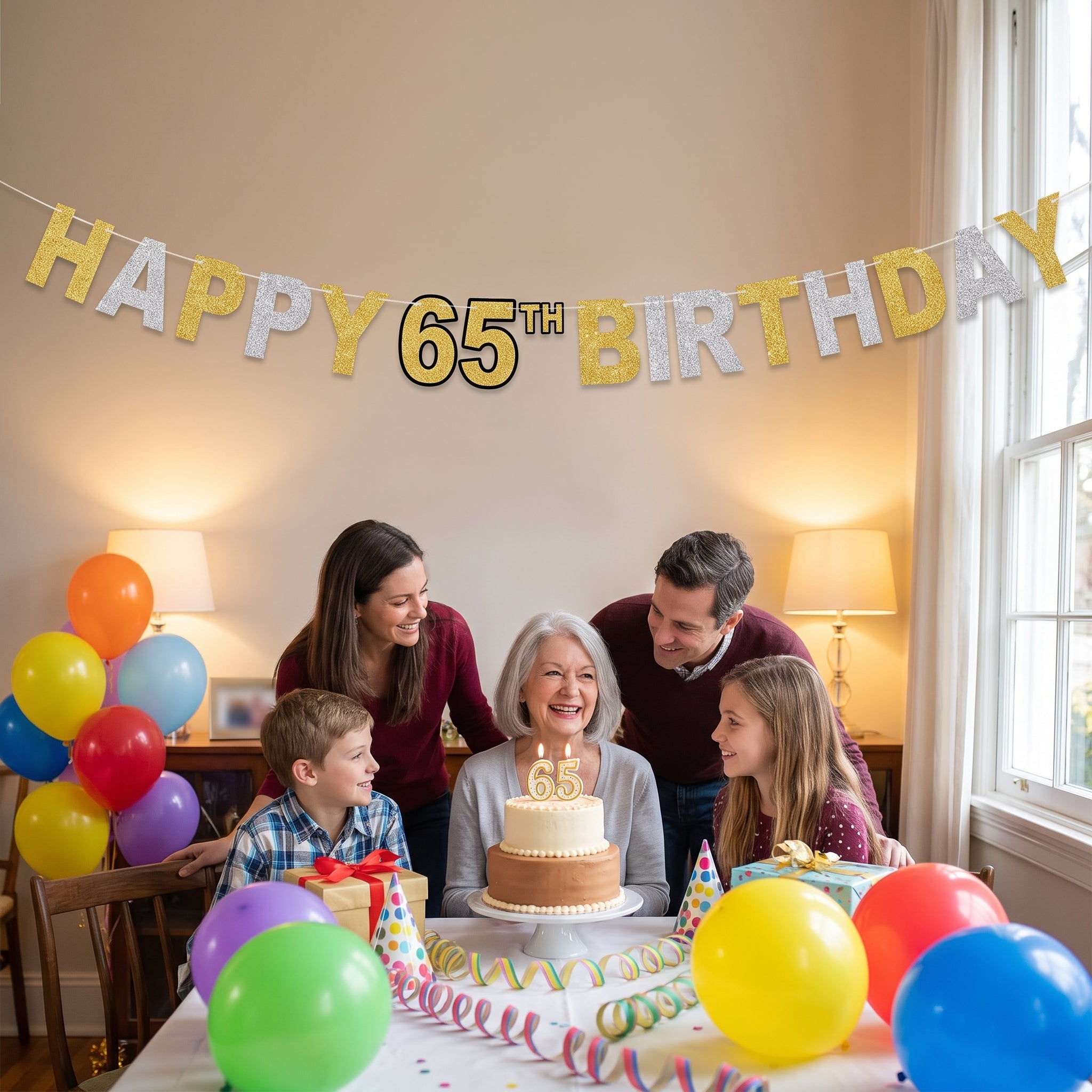 Prismatic 65th Birthday Banner - Gold, Silver & Black