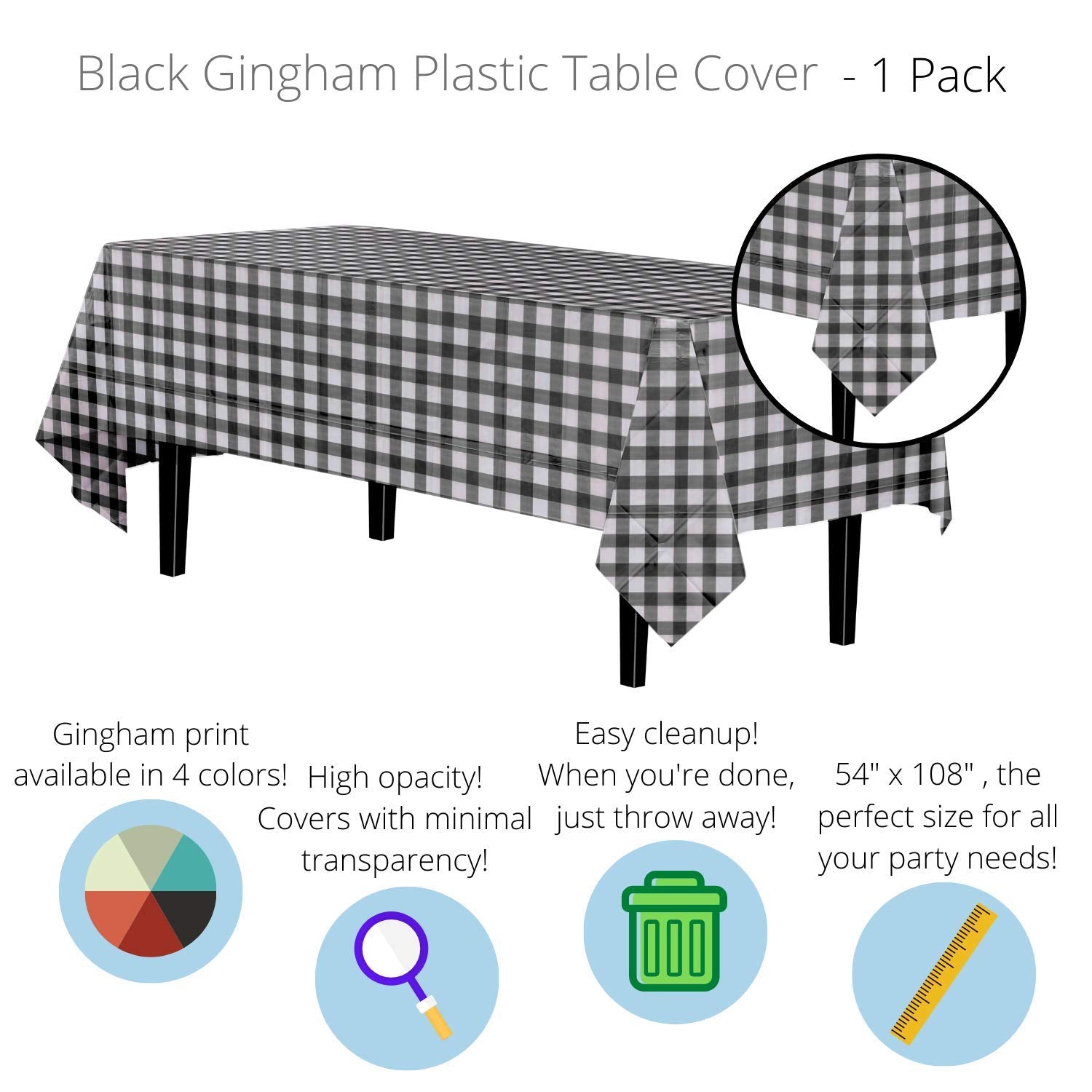 Black Gingham Plastic Table Covers | 12 Pack - 54 In. x 108 In.