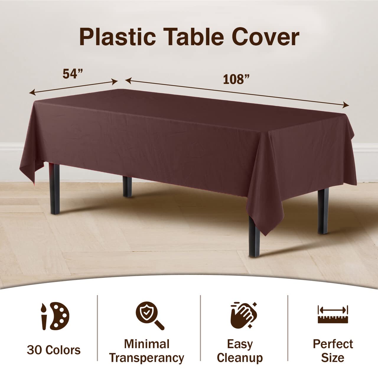 Premium Brown Plastic Table Covers | 6 Pack - 54 In. x 108 In.