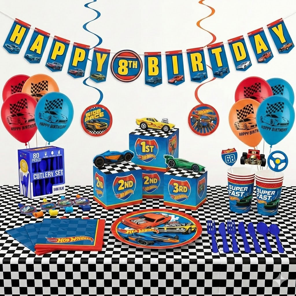 165 Pcs Hot Wheels Deluxe Birthday Party Kit - For 8 Guests
