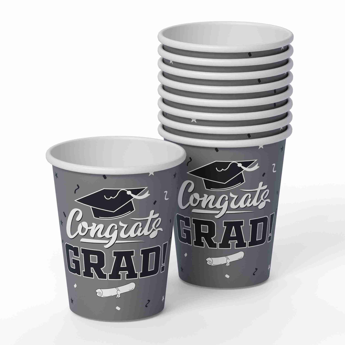 9 Oz. White/Silver Graduation Cups | 24 Count