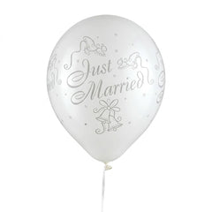 "Just Married" Wedding Latex Balloons, White/Silver, 12-Inch, 15-Pack