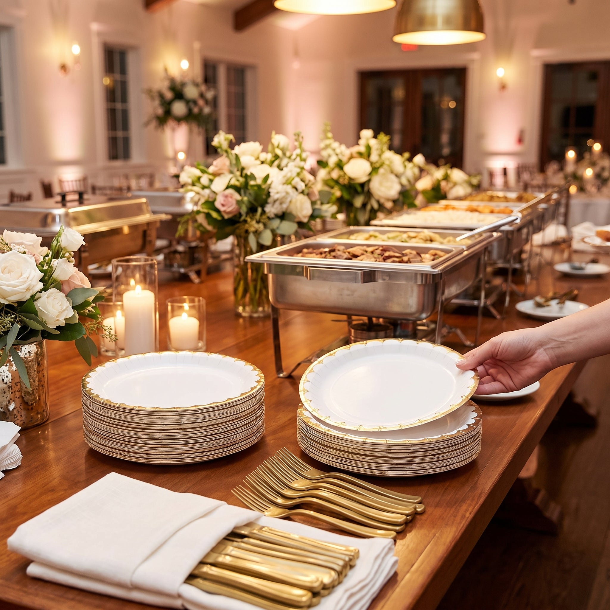 White Round Paper Plates with Metallic Gold Edge - 6.75"