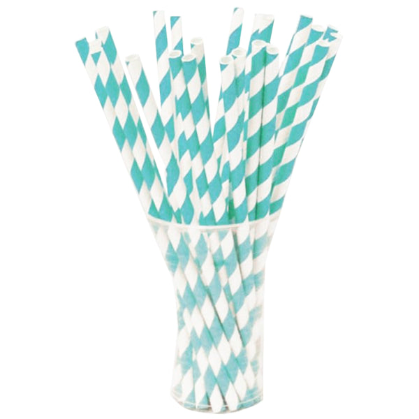 Aqua Blue Striped Paper Straws - 7.75 in. | 100 Count