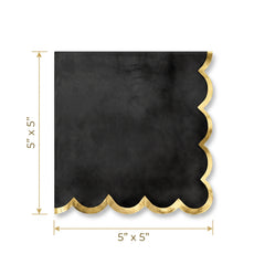 Black Scalloped Beverage Napkins with Gold Stamp - 5 In. X 5 In.