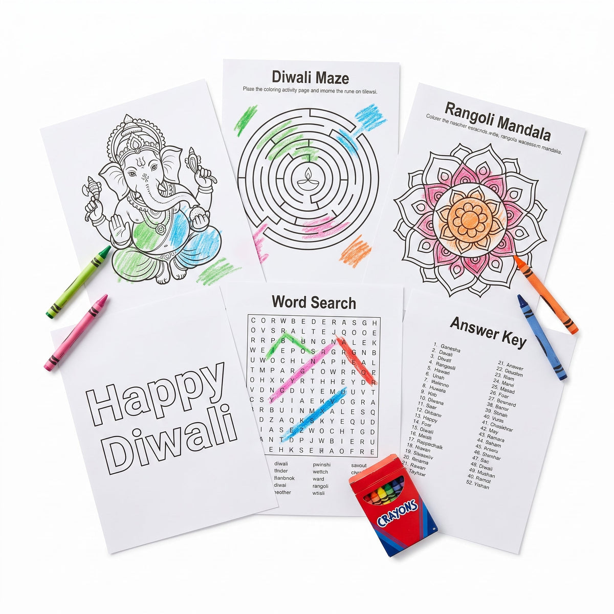 "Happy Diwali" Activity Sheets with Crayons - 11 Pages of Festive Fun