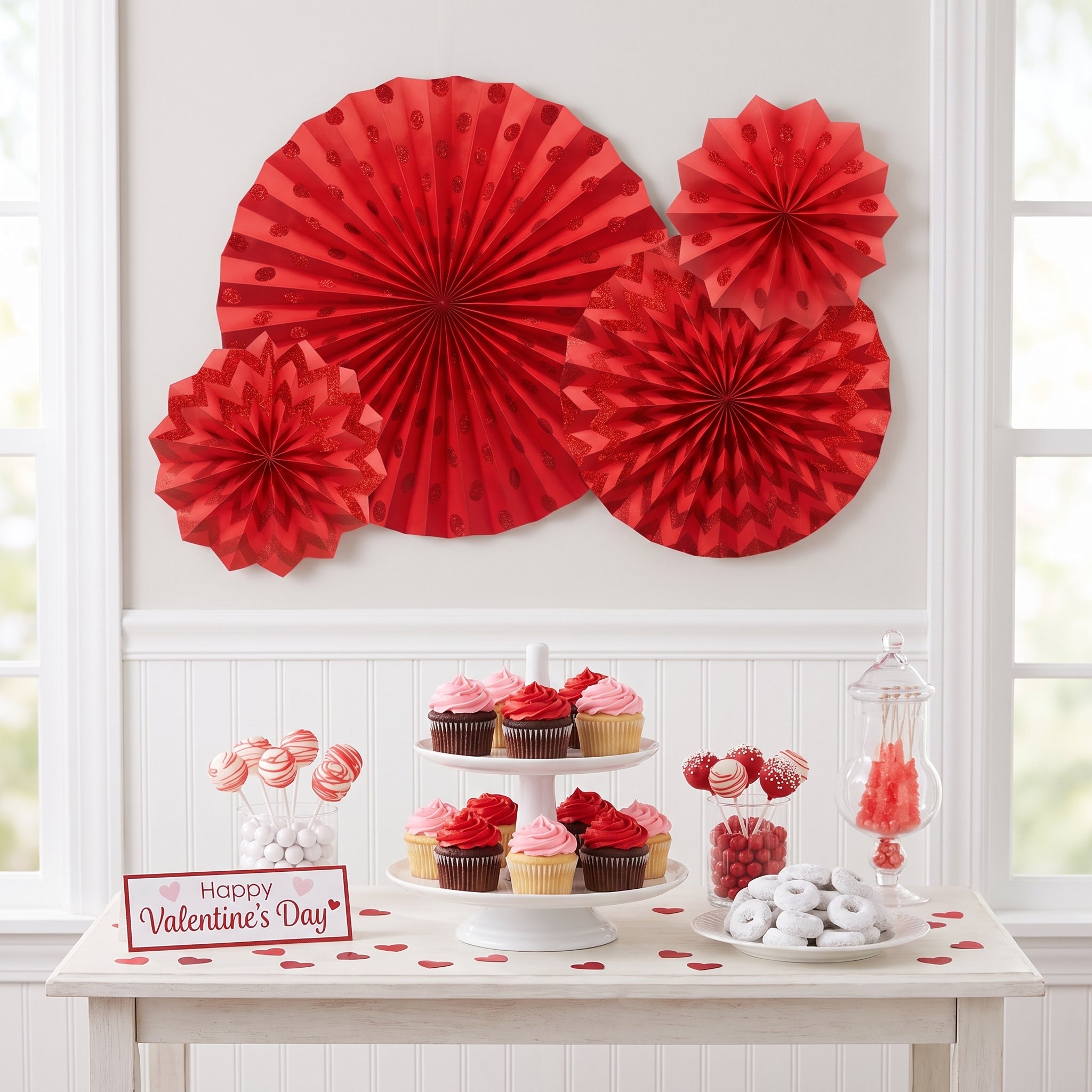 Red Glitter Paper Fan Decorations Set - Polka Dot & Chevron