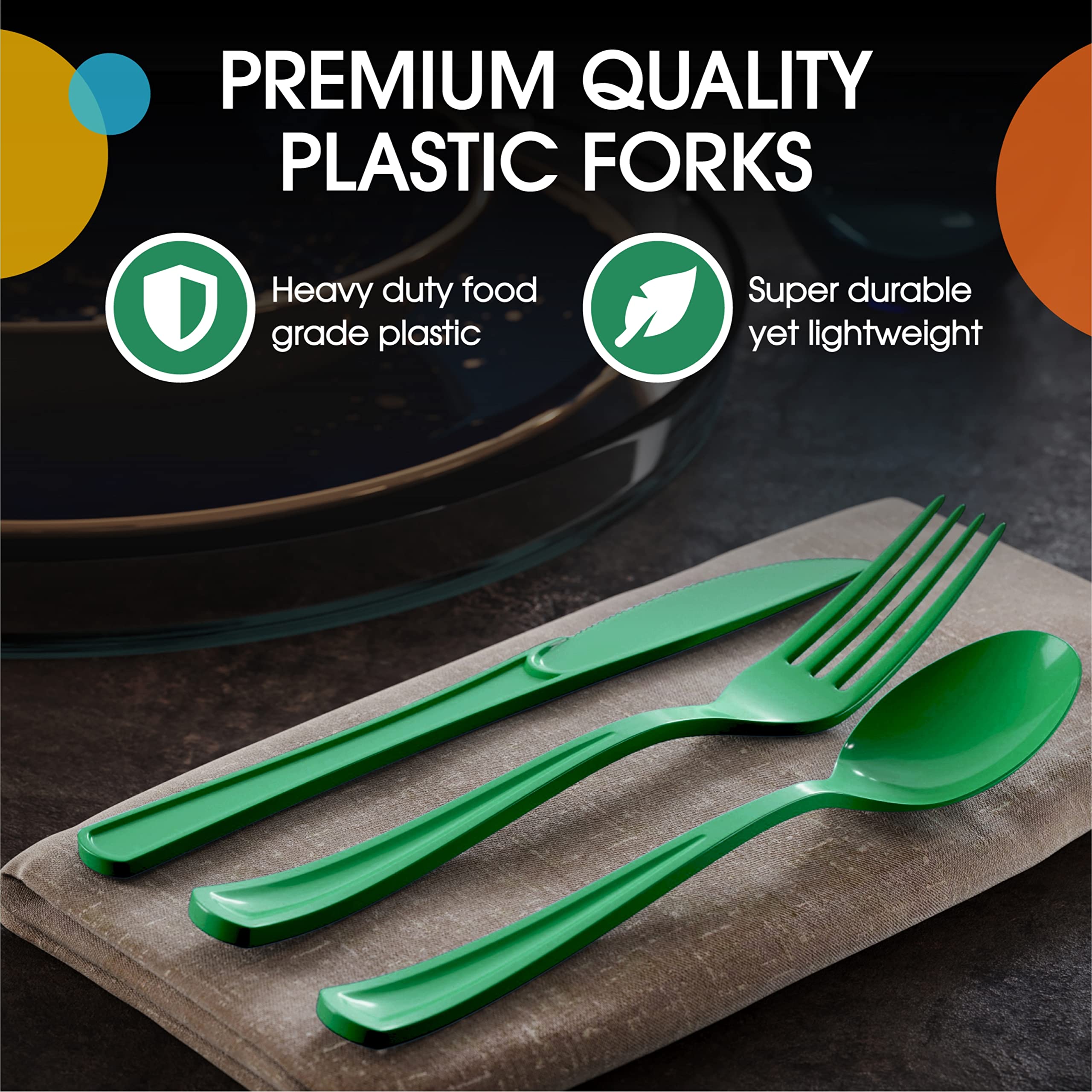 Heavy Duty Emerald Green Plastic Forks - 7.5 in. | 100 Count