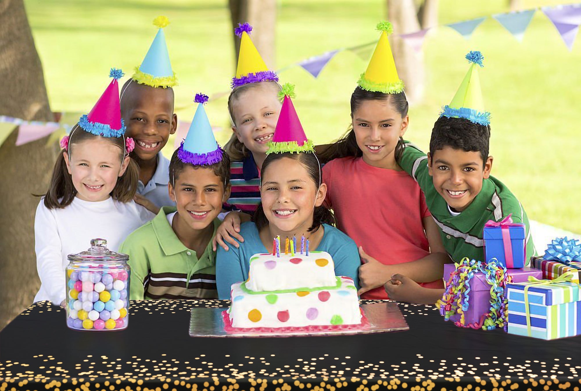 Celebrate Printed Plastic Table Cover 54" x 108" Black/Gold