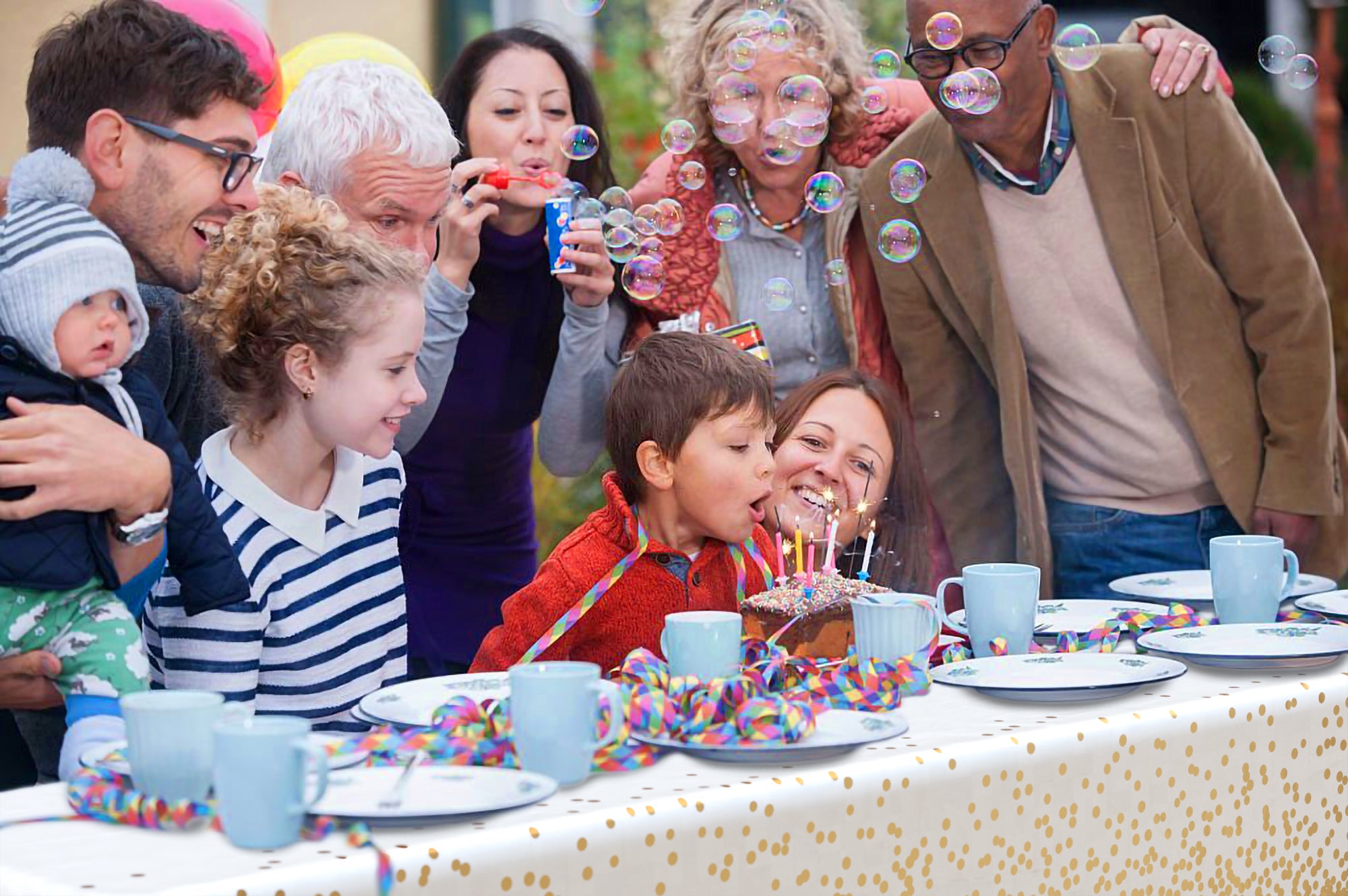 Celebrate Printed Plastic Table Cover 54" x 108" White/Gold