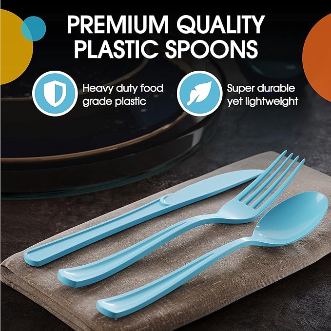 Heavy Duty Light Blue Plastic Spoons - 7 in. | 100 Count