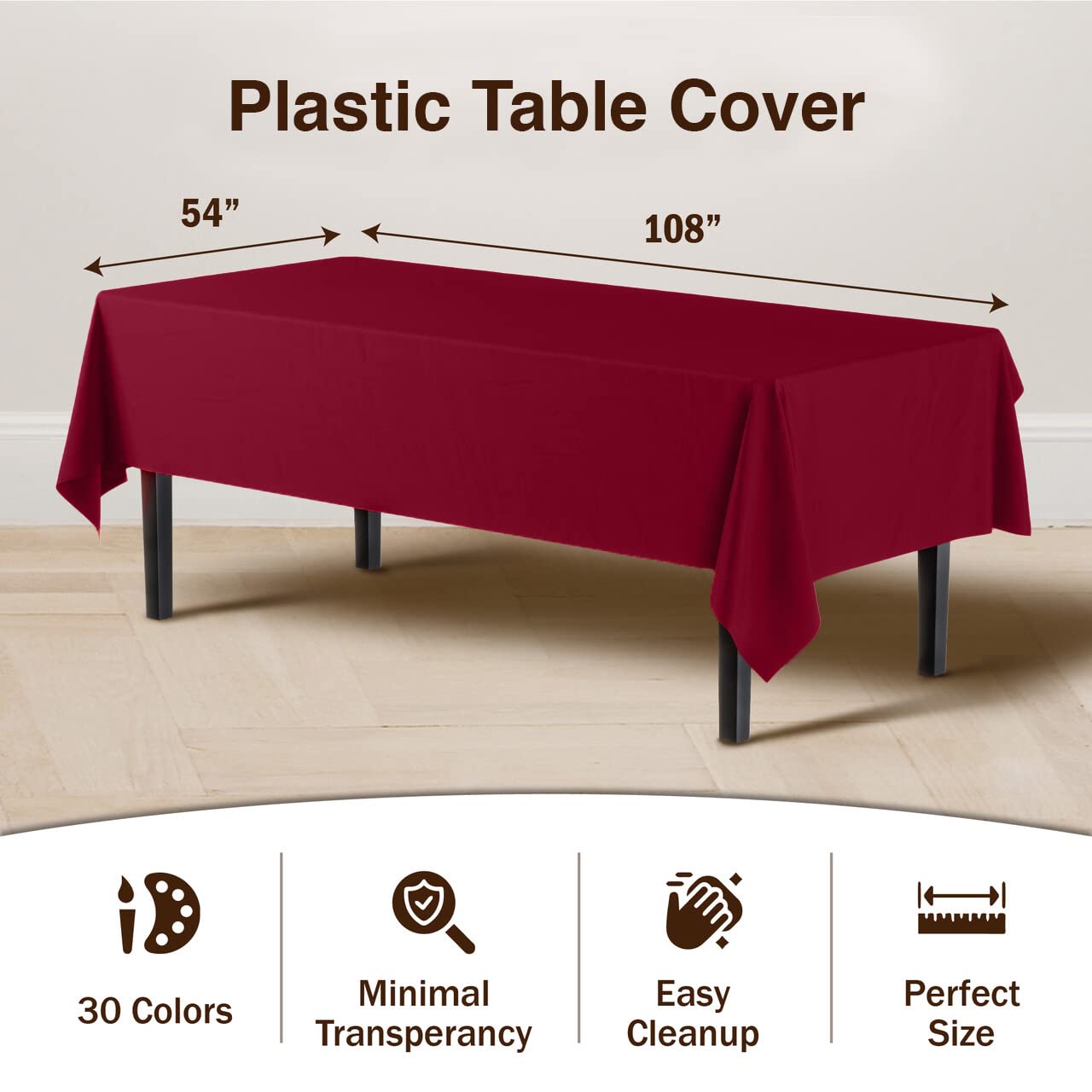 Premium Burgundy Plastic Table Covers | 6 Pack - 54 In. x 108 In.