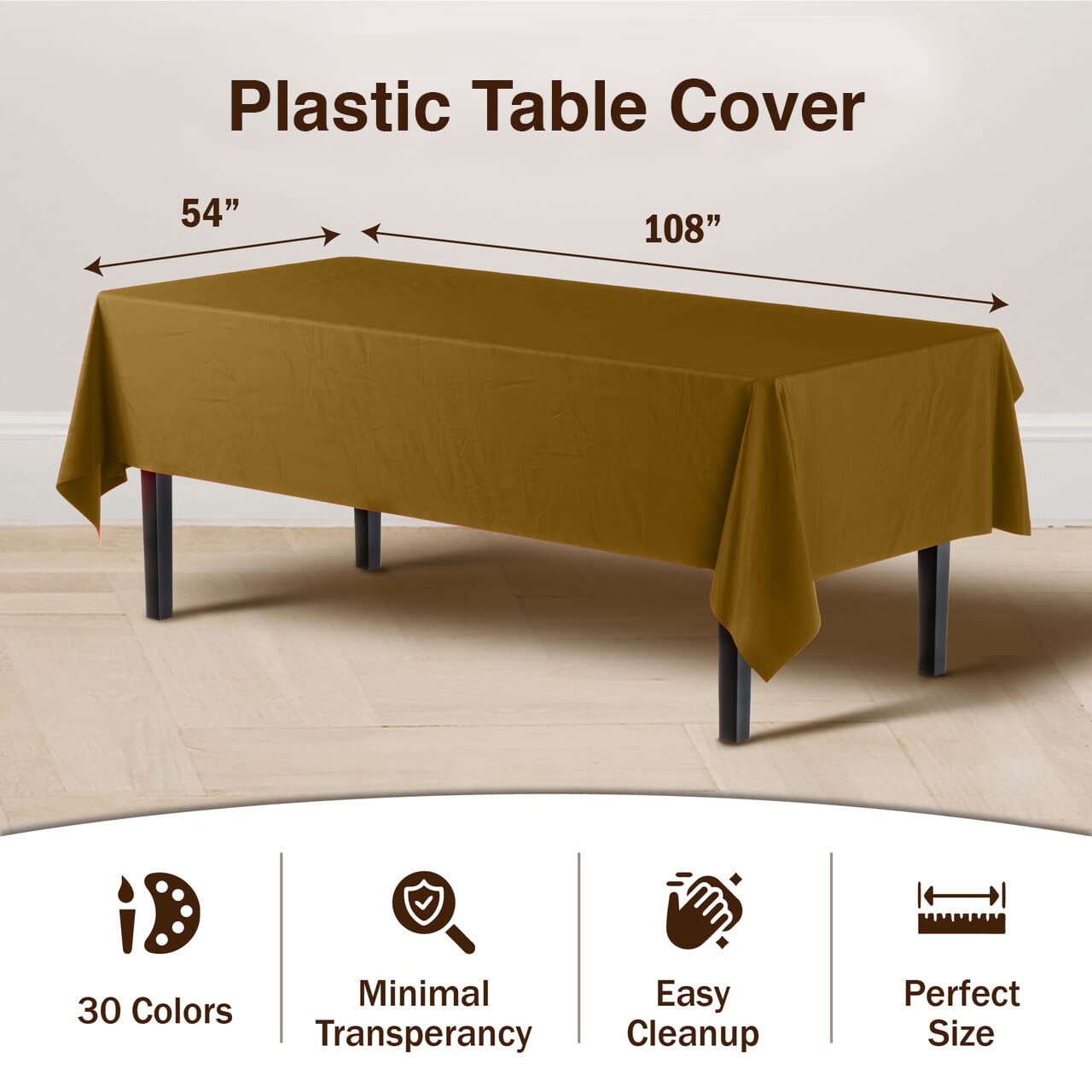 Premium Gold Plastic Table Covers | 6 Pack - 54 In. x 108 In.