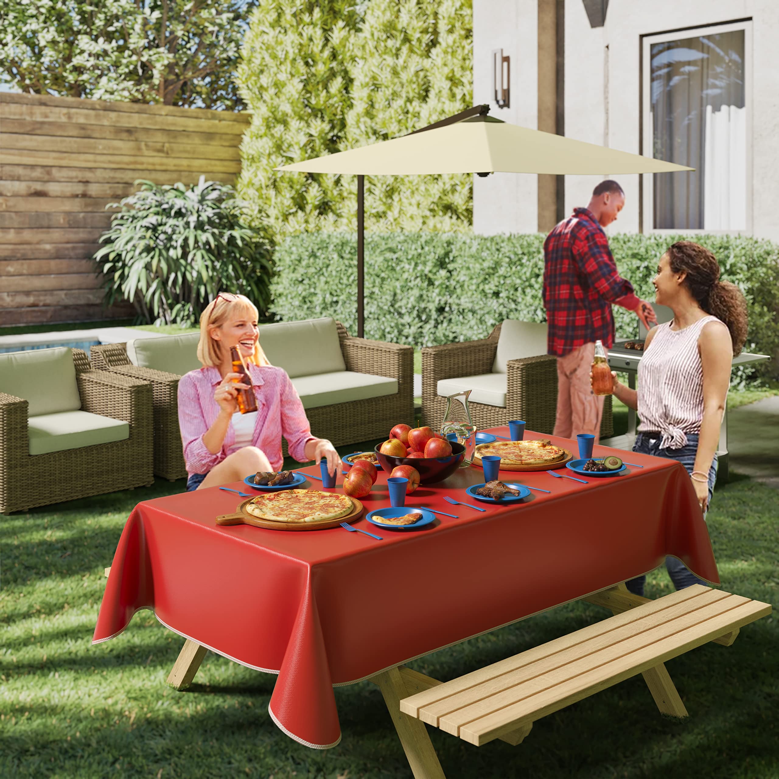Red Flannel Backed Plastic Table Cover 70 In. Round | Case of 36