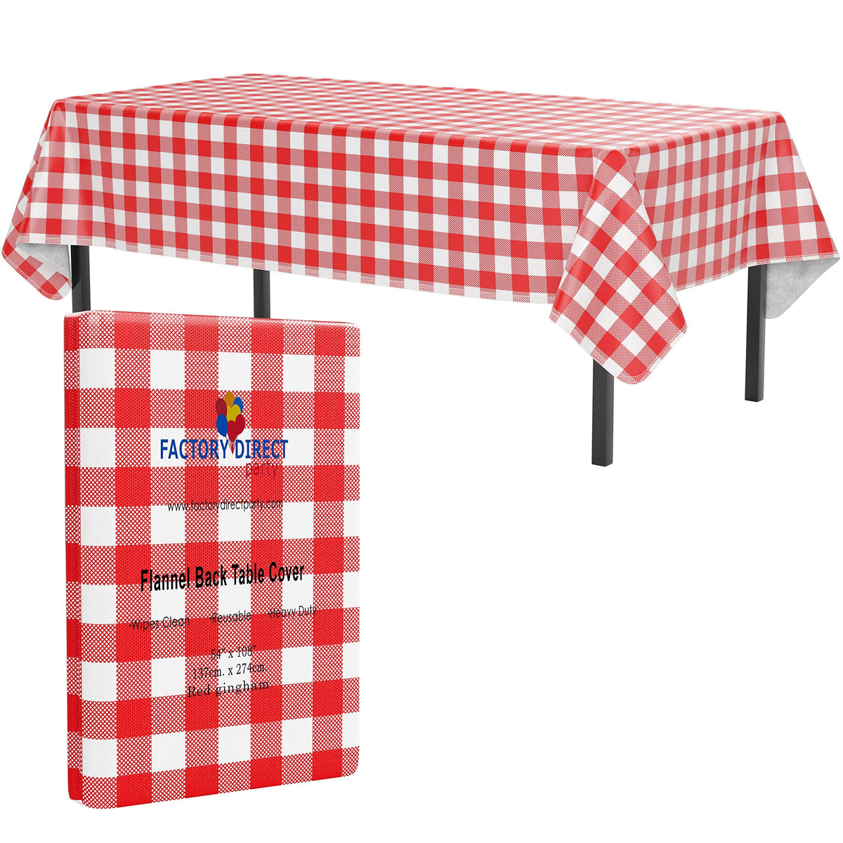 Red Gingham Flannel Backed Table Cover 54 In. x 108 In.