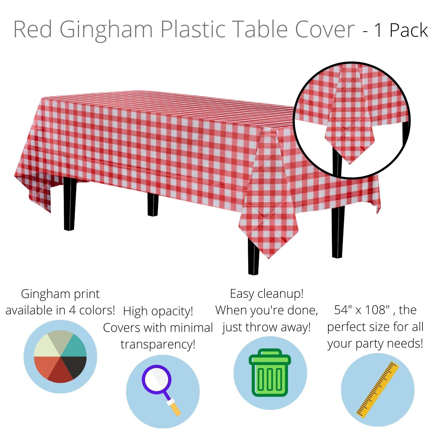 Red Gingham Plastic Table Covers | 12 Pack - 54 In. x 108 In.