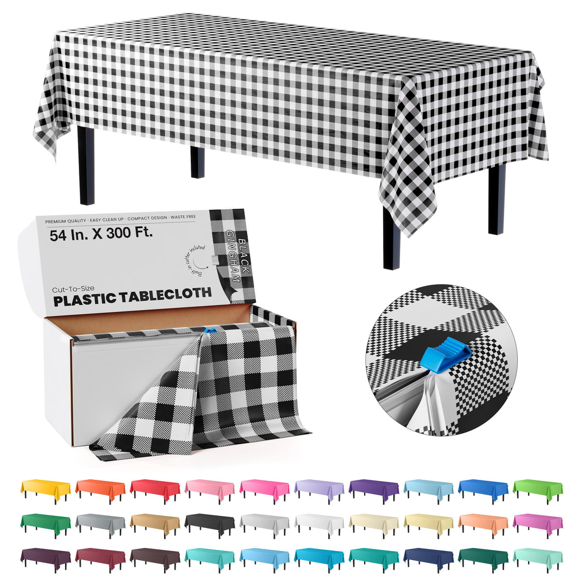 54 in. x 300 Ft. Cut to Size Plastic Table Cover | Black Gingham
