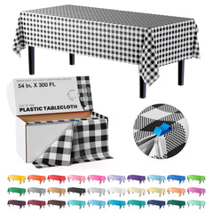 54 In. x 300 Ft. Cut to Size Plastic Table Cover | Black Gingham
