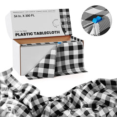 54 In. x 300 Ft. Cut to Size Plastic Table Cover  | Black Gingham | Case of 4