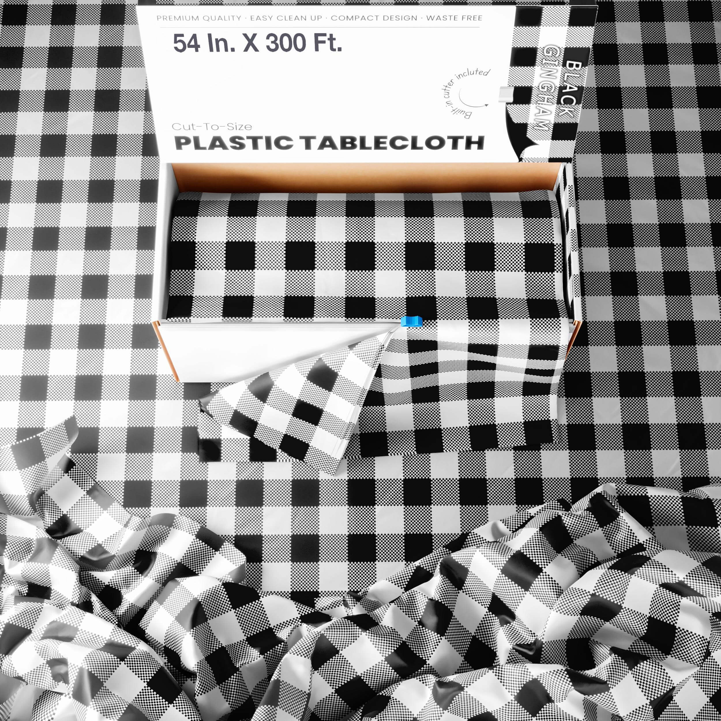 54 In. x 300 Ft. Cut to Size Plastic Table Cover | Black Gingham