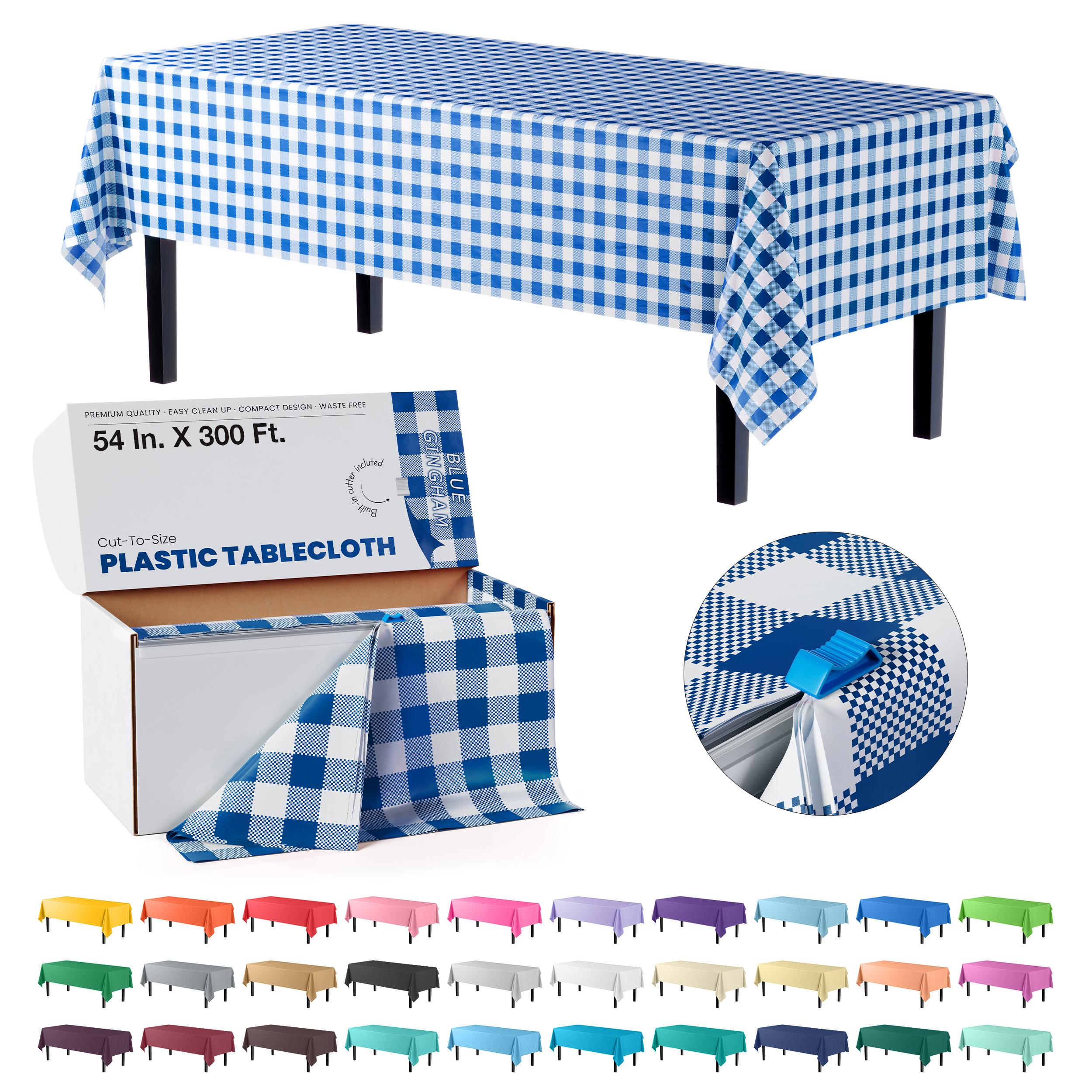 54 In. x 300 Ft. Cut to Size Plastic Table Cover  | Blue Gingham | Case of 4