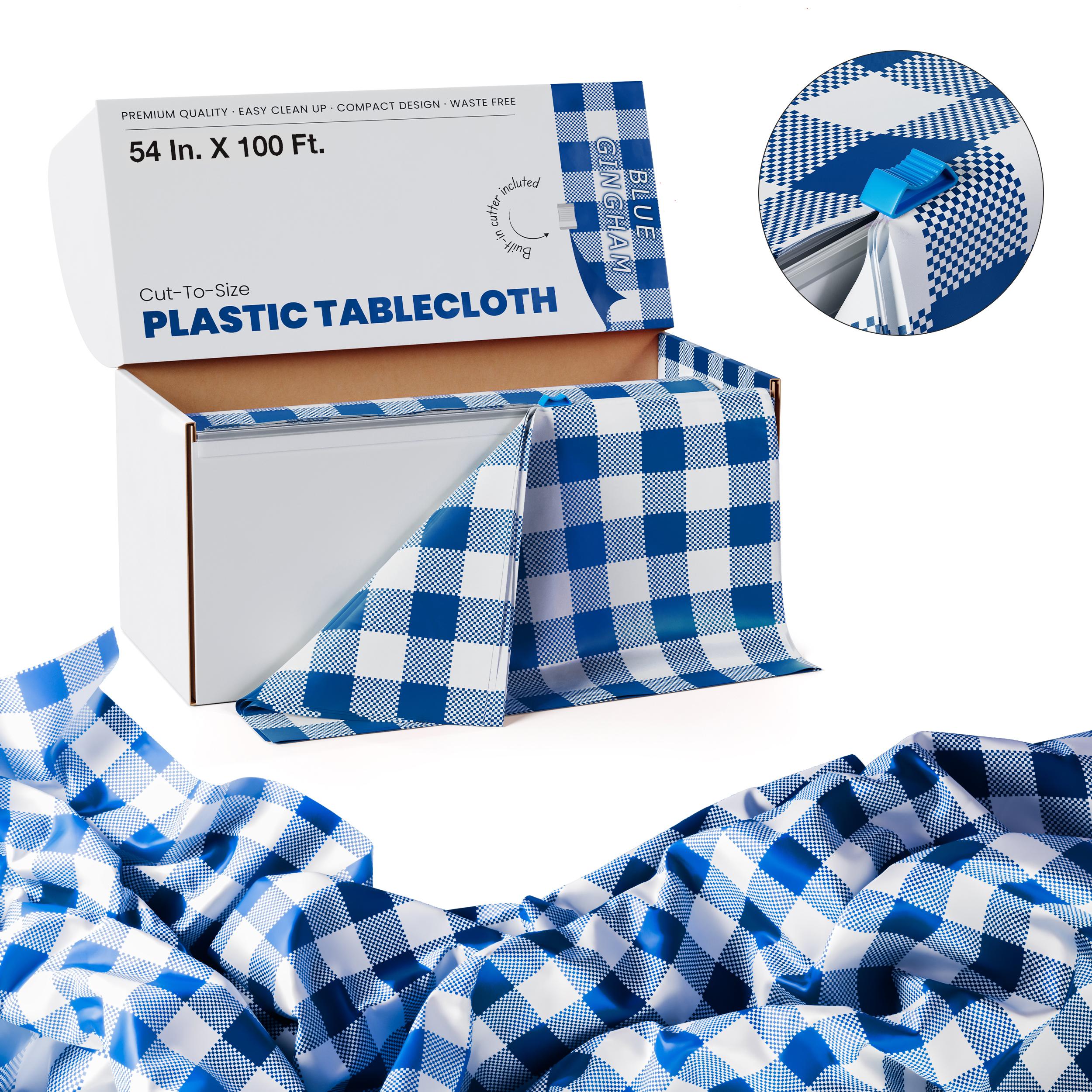 54 In. x 100 Ft. Cut to Size Plastic Table Cover  | Blue Gingham | Case of 6