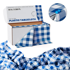 54 In. x 300 Ft. Cut to Size Plastic Table Cover | Blue Gingham
